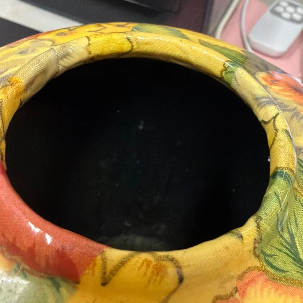 Vintage Mid Century Decoupage Art Pottery‎ Vase Raised Floral Yellow Decor